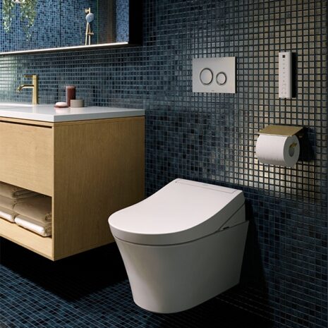Крышка-биде TOTO WASHLET S5D и подвесной унитаз GP в синей ванной